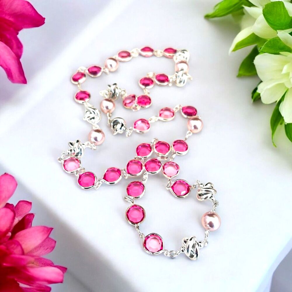Vintage 1990s Necklace Silver Tone Pink Acrylic Bezel Set Beads Pearl - 13L
